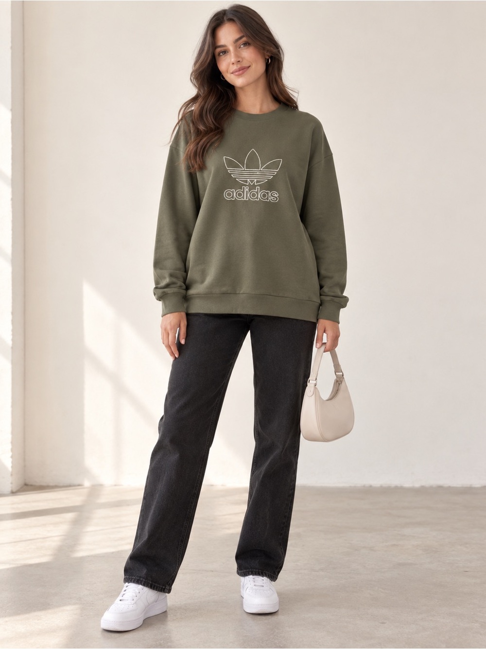 Adidas Originals Olive Green Embroidered Trefoil Oversized Sweatshirt size xl